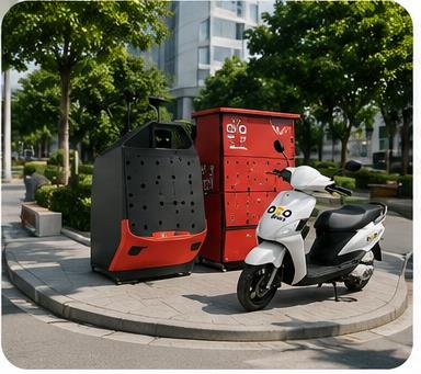 White Ozoride electric scooter near charging infrastructure